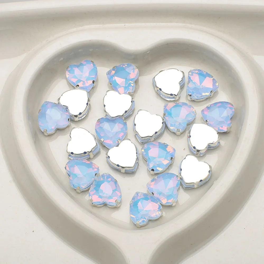 10Pcs 14mm Crystal Glass Love Heart Beads Glitter Flatback Silver Claw Rhinestone Crafts Jewelry DIY Making Garment Accessories