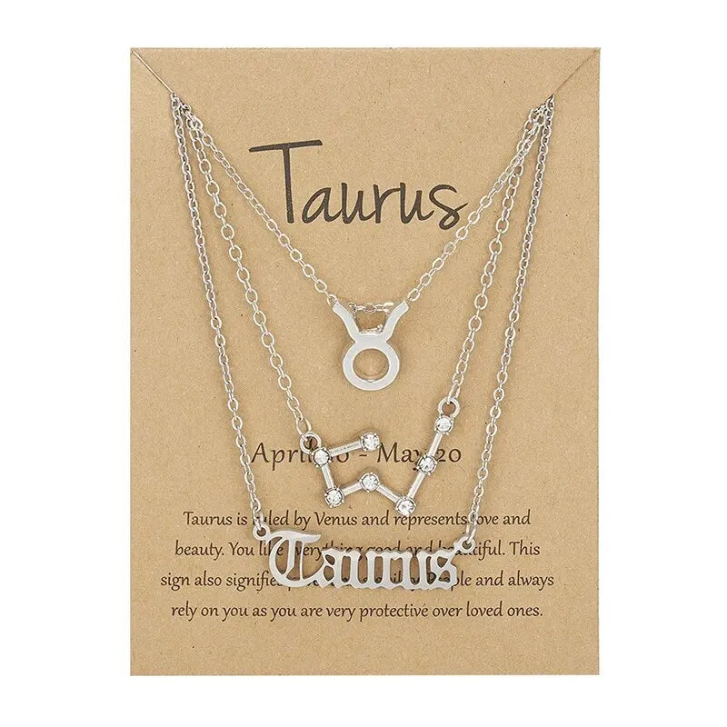 3Pcs 12 Zodiac Sign Necklace Set For Women Constellation Pendant Gold Silver Color Chain Female Birthday Jewelry With Cardboard