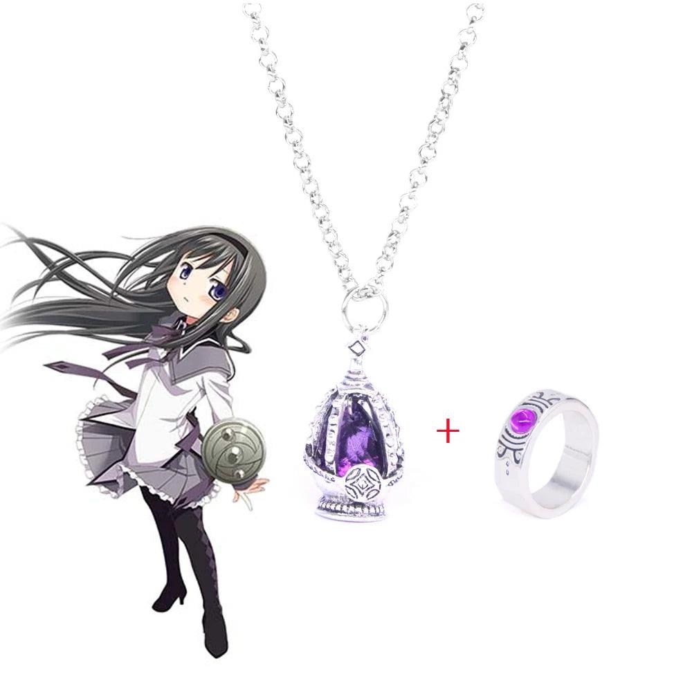 Anime Puella Magi Madoka Magica Cosplay Necklace Kaname Madoka Miki Sayaka Soul Gem Pendant Necklace Ring Set Fashion Jewelry