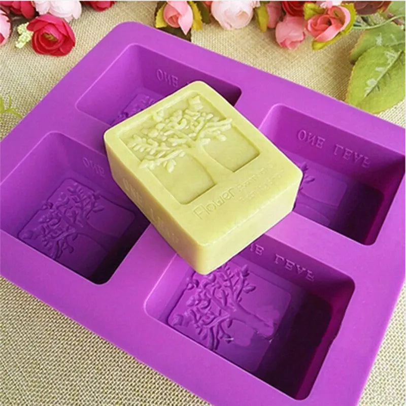 Party Dessert Silicone Mold Tree Shape 4 Hole Square Soap Mold Crafts Chocolate Cake Molding Handmade Tools