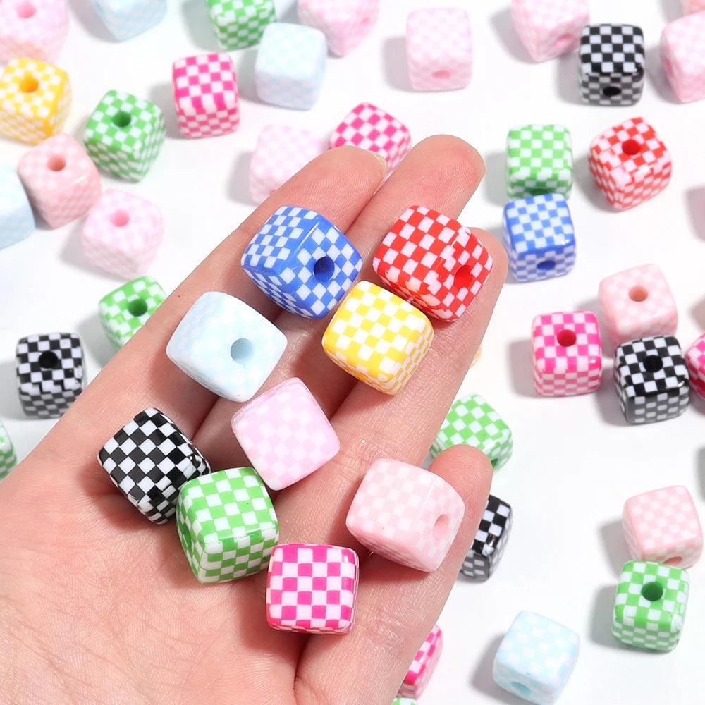 10pcs 13mm Acrylic Square Bead Multicolor Checkerboard Pattern Large Hole Loose Beads for DIY Crafts Bracelets Jewelry Making