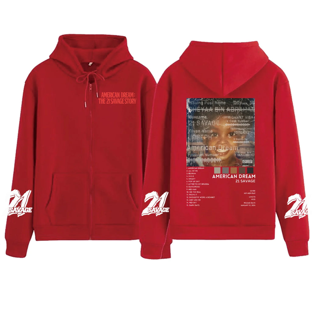 21 Savage Story American Dream Zipper Hoodie Harajuku Pullover Tops Sweatshirt Streetwear Fans Gift Unisex
