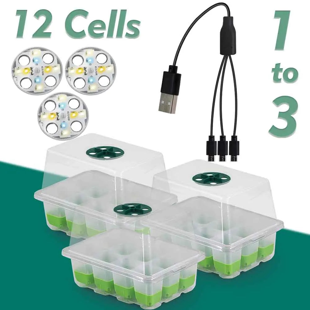 12 Cells LED Grow Light Seedling Starter Tray Kits with Transparent Cover Indoor Garden Flower Pot Plant Nursery Germination Box