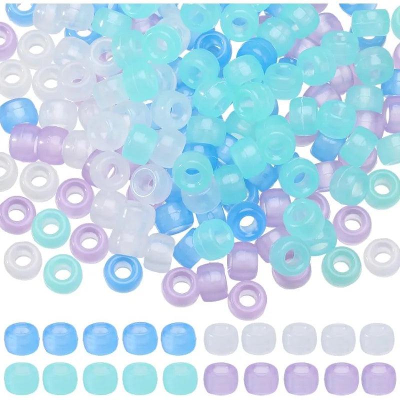 800Pcs Pony Beads Bulk 6x9mm Glow in The Dark Pony Beads Plastic Luminous Pony Beads Blue Purple Opaque Braid Loose Spacer Beads