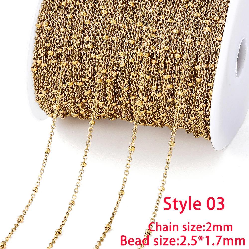 No Fade 2Meters Stainless Steel Chain Cross Chain with Beads for DIY Necklace Bracelet Anklet Jewelry Making Accessories