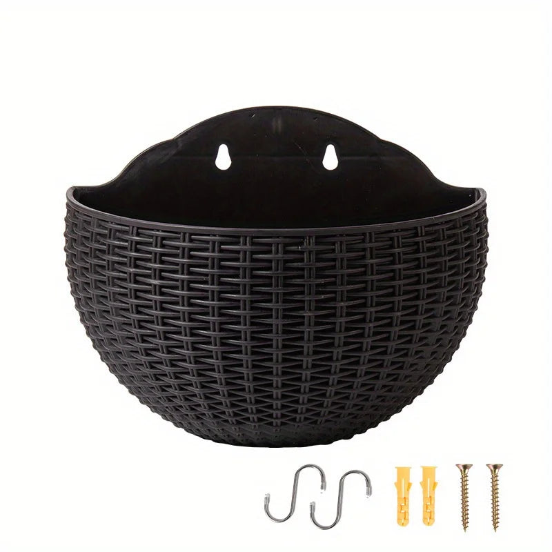 European Style Imitation Rattan Wall Hanging Half Round Flowerpot Planter Semicircular Wall Flower Pot Balcony Household Outdoor