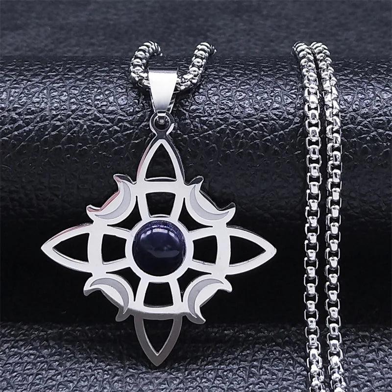 Wicca Celtic Knot Triple Moon Goddess Necklace Stainless Steel Natural Stone Witch Amulet Chain Necklaces Jewelry collar