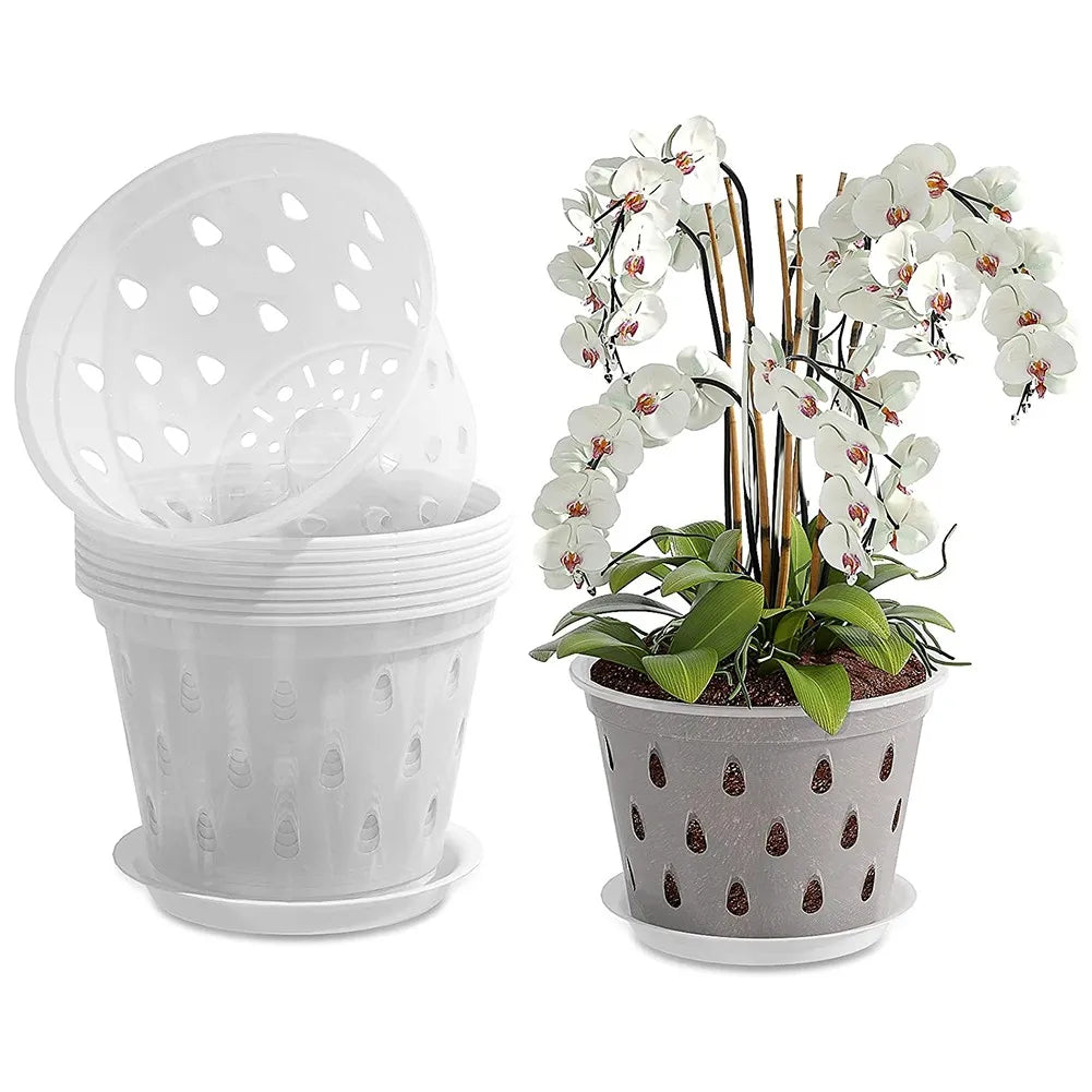1/5Pcs Flowerpot With Tray Garden Planter-Drainage Pots With Holes Transparent Orchid Baskets Plastic Breathable Flower Pots