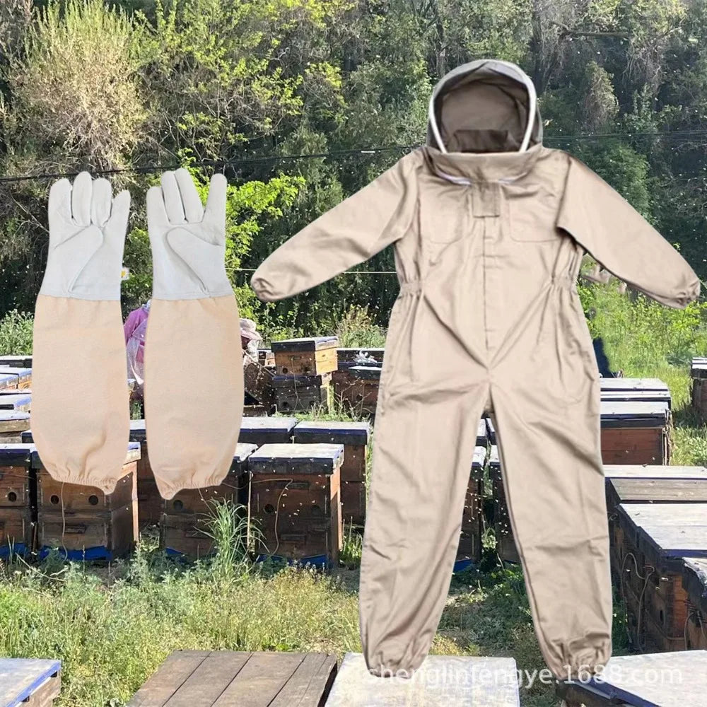 Beekeeping Equipment Thickened Apricot Space Suit One-piece Split Bee Suit White Space Suit and Sheepskin Gloves Set