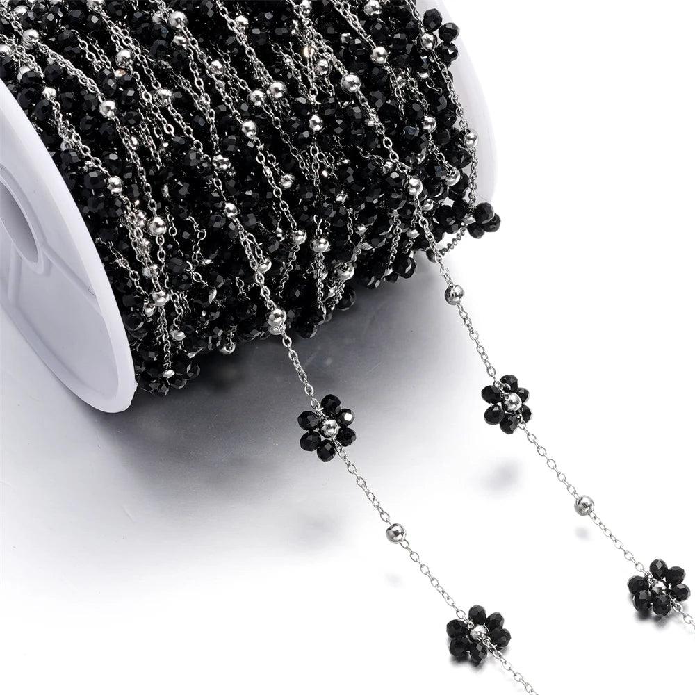 1Meter Stainless Steel Pink Crystal Flower Natural Stone Beads Gold/Steel Color Chains for Necklace Bracelet DIY Jewelry Making