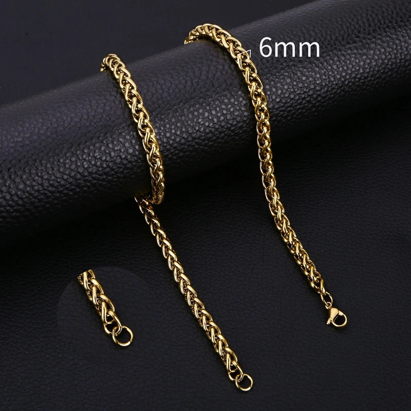 HIYEE Thickness 3/4/5/6/7/8mm Gold Color Wheat Braided Stainless Steel Necklace Link Classic Curb Chain for Men Women Jewelry