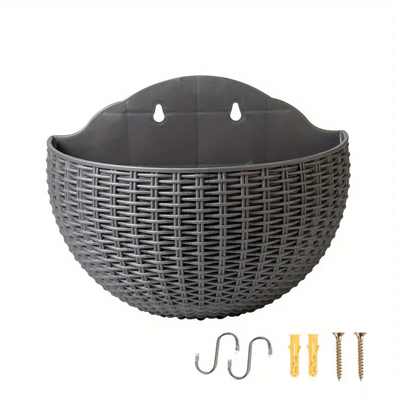 European Style Imitation Rattan Wall Hanging Half Round Flowerpot Planter Semicircular Wall Flower Pot Balcony Household Outdoor