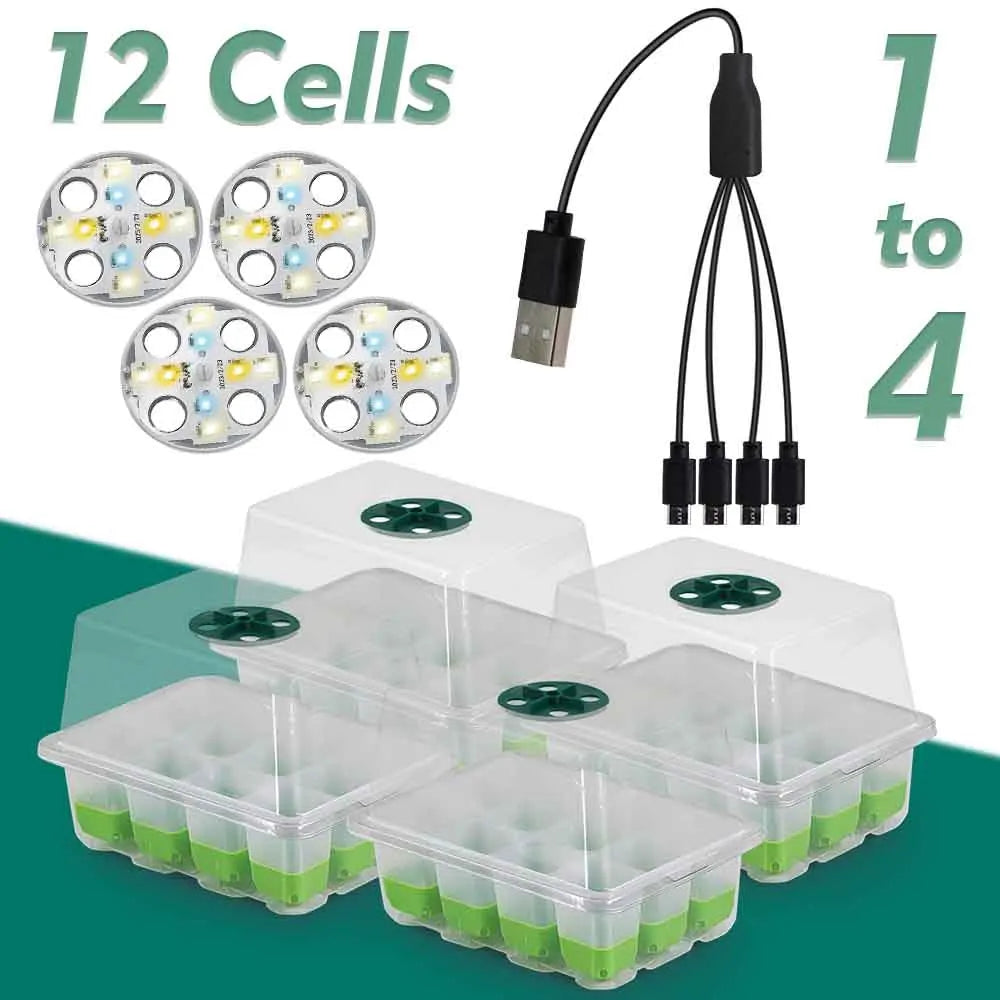 12 Cells LED Grow Light Seedling Starter Tray Kits with Transparent Cover Indoor Garden Flower Pot Plant Nursery Germination Box