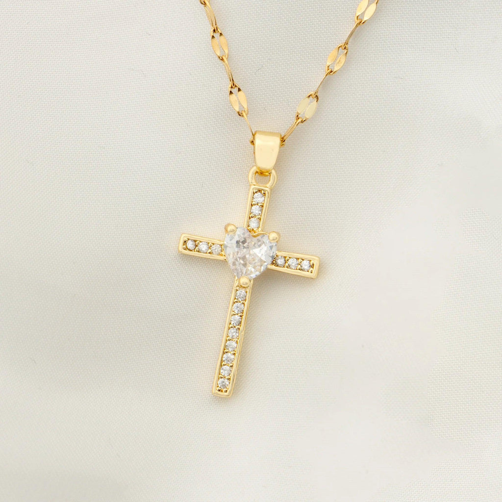 1 pearl shell inlaid zircon cross pendant for women's sexy style stainless steel plated 18k gold necklace