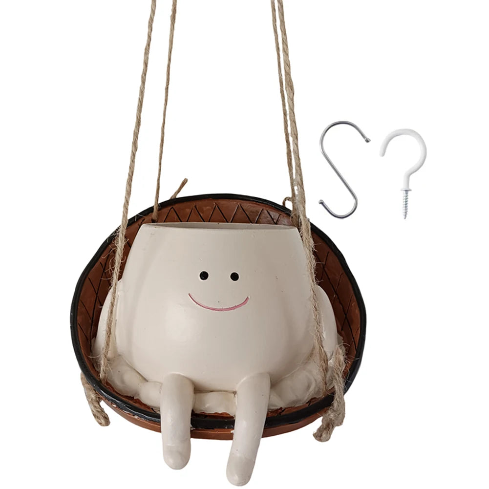 Smiling Face Flower Pot Resin Cute Plant Succulent Pots Creative Hanging Swing Chair Planter for Indoor Outdoor Plant