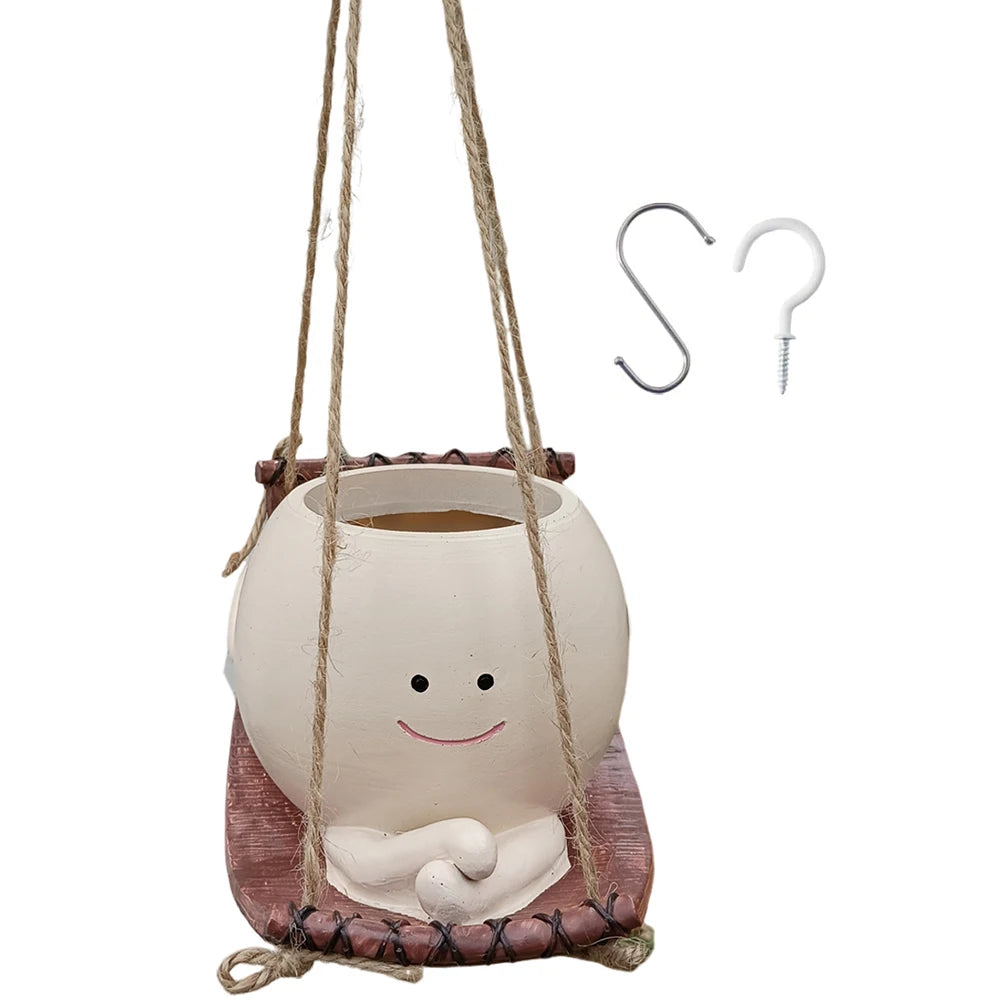 Smiling Face Flower Pot Resin Cute Plant Succulent Pots Creative Hanging Swing Chair Planter for Indoor Outdoor Plant