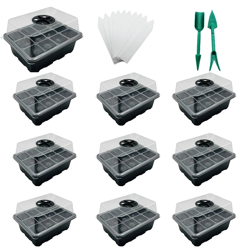 10 Sets of 12 Cells Seed Trays Seed Starter Plant Germination Box with Dome Base Seedling Growing Tray Garden Accessories