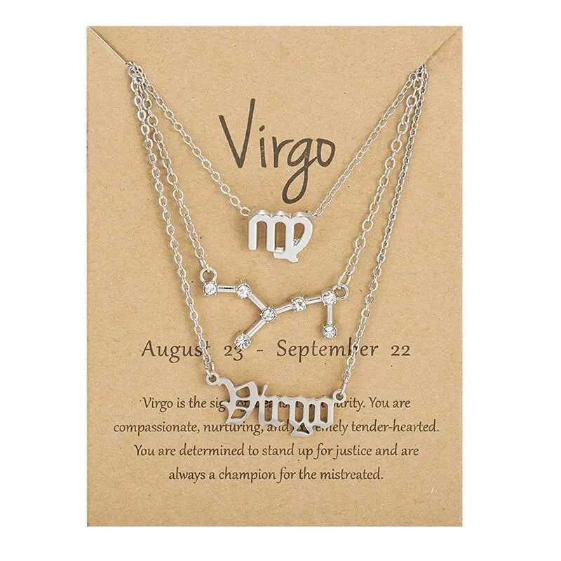 3Pcs 12 Zodiac Sign Necklace Set For Women Constellation Pendant Gold Silver Color Chain Female Birthday Jewelry With Cardboard
