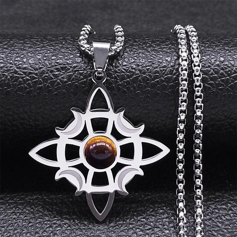 Wicca Celtic Knot Triple Moon Goddess Necklace Stainless Steel Natural Stone Witch Amulet Chain Necklaces Jewelry collar