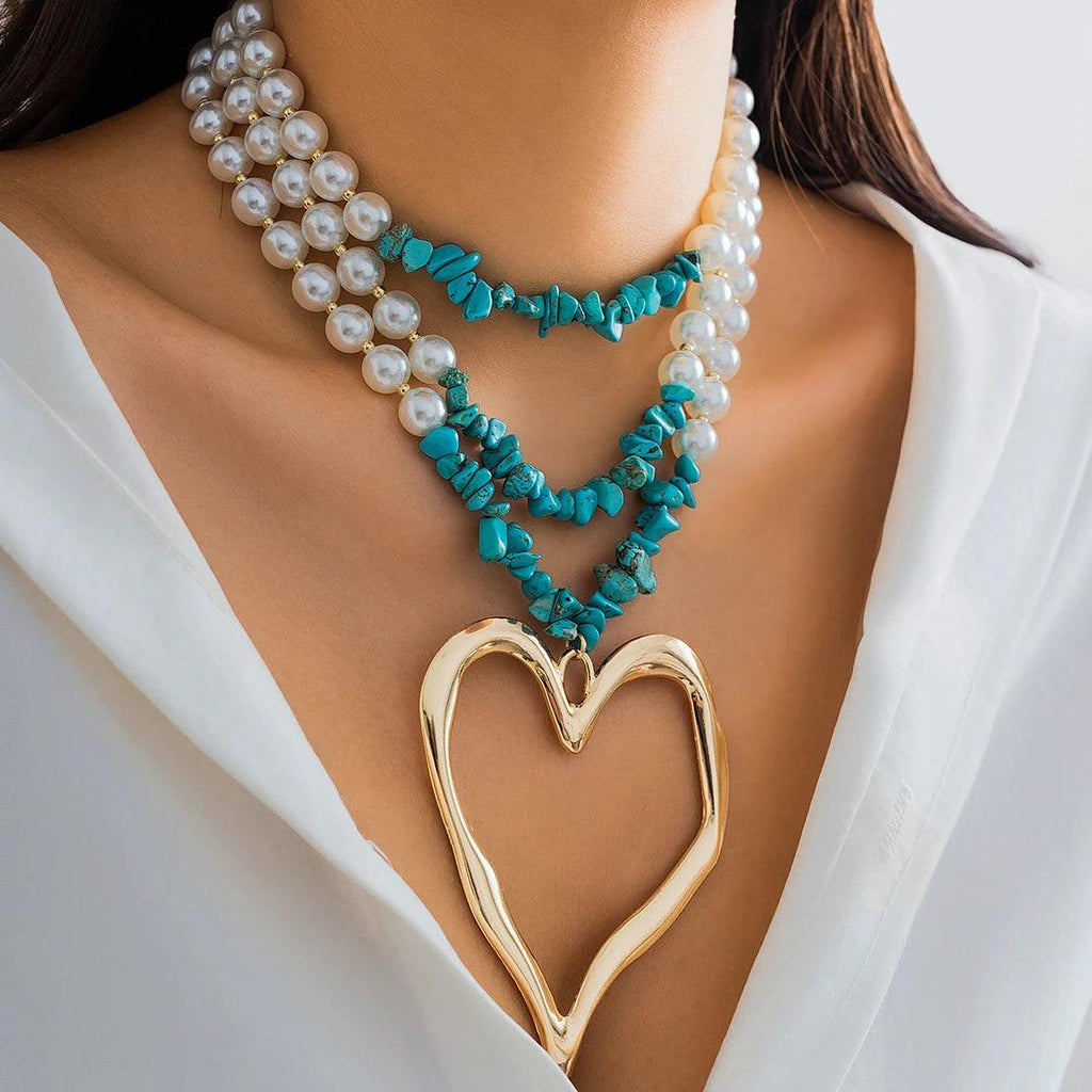 Ingemark Elegant Big Love Heart Pendant Choker Necklace for Women Multilayer Imitation Pearl Chain Grunge Jewelry Steampunk Gift
