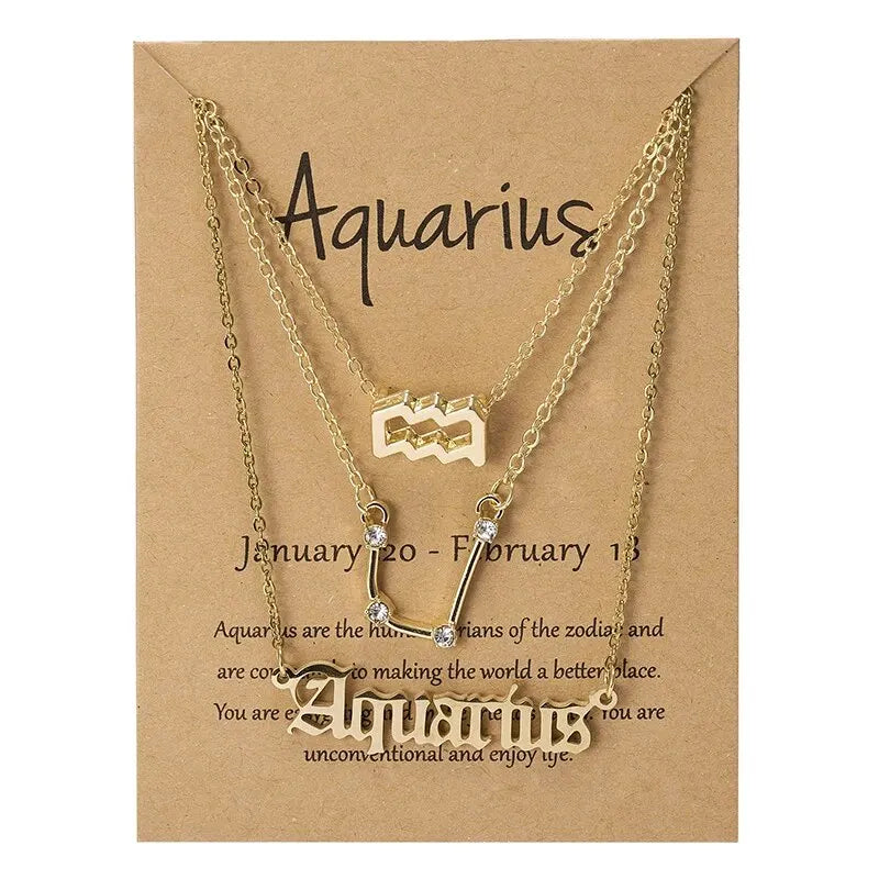 3Pcs 12 Zodiac Sign Necklace Set For Women Constellation Pendant Gold Silver Color Chain Female Birthday Jewelry With Cardboard