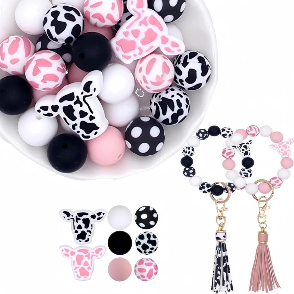 28Pcs/Set 15mm Cow Pattern Silicone Round Beads Pink Black Cow Pattern Beads, with Cow Headdress 14mm Hexagonal Beads Polygonal Loose Beads DIY Bracelet Necklace Clip Keychain Jewelry Making Craft Supplies