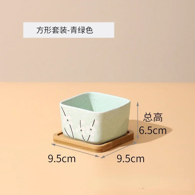 Flower Pot with Bamboo Tray Japanese Style Ceramic Lot Mini Cement Succulent   Bonsai Planter Garden Decor Office Home Plant