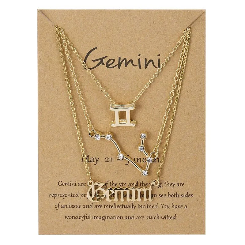 3Pcs 12 Zodiac Sign Necklace Set For Women Constellation Pendant Gold Silver Color Chain Female Birthday Jewelry With Cardboard