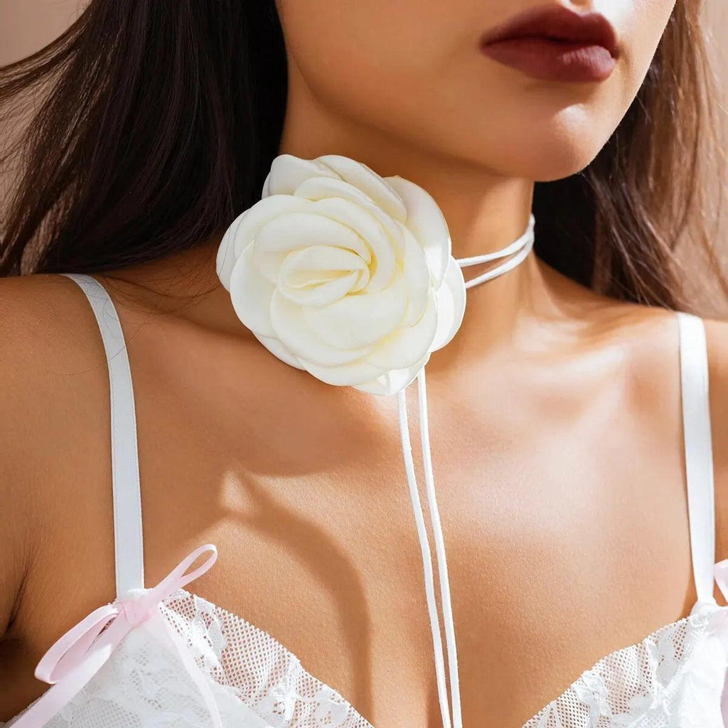 Exaggerated Romantic Big Rose Flower Clavicle Chain Necklace Women Kpop Adjustable Bowknot Rope Choker Jewelry Y2K Accessories