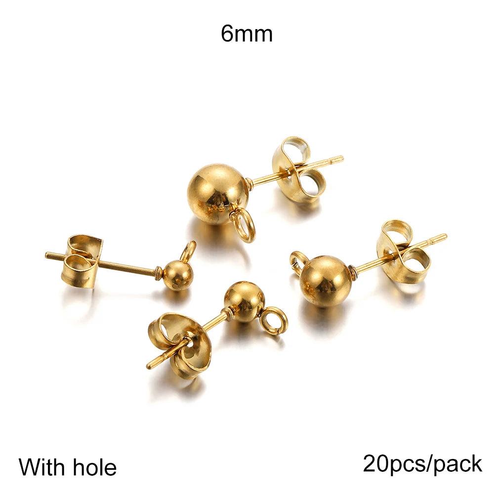 10-20pcs Stainless Steel Blank Earring Stud Golden Earrings Base With Earring Plug Connectors For DIY Jewelry Making Accessories