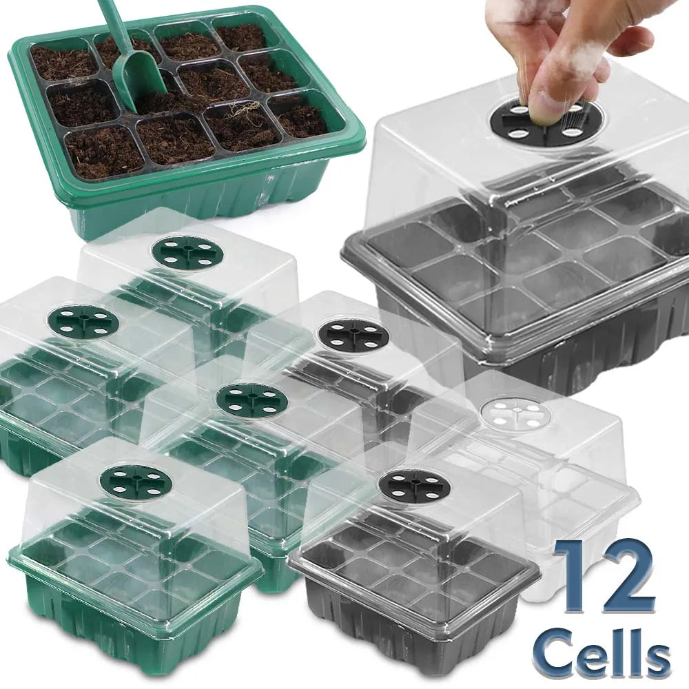 12 Cells Nursery Seedling Trays Germination Box with Transparent Cover Indoor Garden Greenhouse Growth Pots Adjustable Humidity