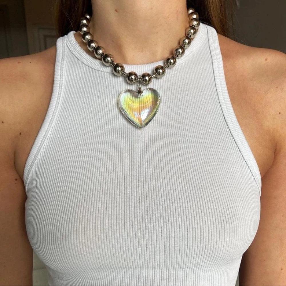 Grunge Fashion Glass Heart Pendant Necklace Y2K Oversize Ball Beads Chain Statement Choker Necklace for Women Club Punk Jewelry