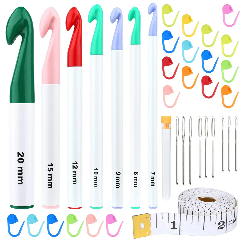 Fenrry 7 Sizes Crochet Hooks Set 7mm-20mm Huge Crochet Needles Ergonomic Knitting Needles with Big-Eye Blunt Needles for DIY