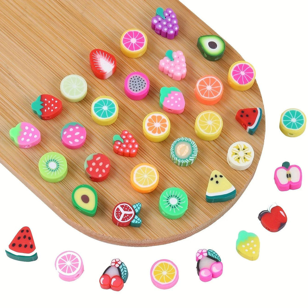 1 Pack 100Pcs Random Polymer Clay Stars & Fruit & Flowers & Heart & Beaded for Women DIY Bracelet Necklace Jewelry Making