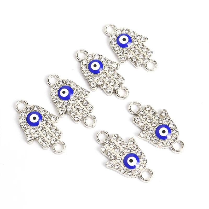10pcs Rhinestones lnlaid Hamsa Hand Evil Eye Design Enamel Connectors Turkish Style Double Hanging Pendant For DIY Lucky Jewelry