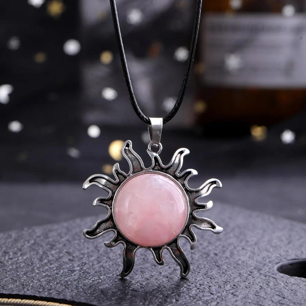 Fashion Natural Gem Stone Quartz Crystal Tiger-eye Plated Silver Alloy Sun Pendant Jewelry Making Accessories Sun Necklace Gift