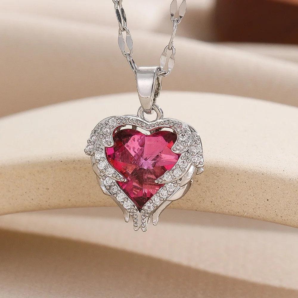 1 Pcs Romantic Couple Glass Encrusted Bronze Zircon Ocean Heart Pendant Combination Of Titanium Steel Chain