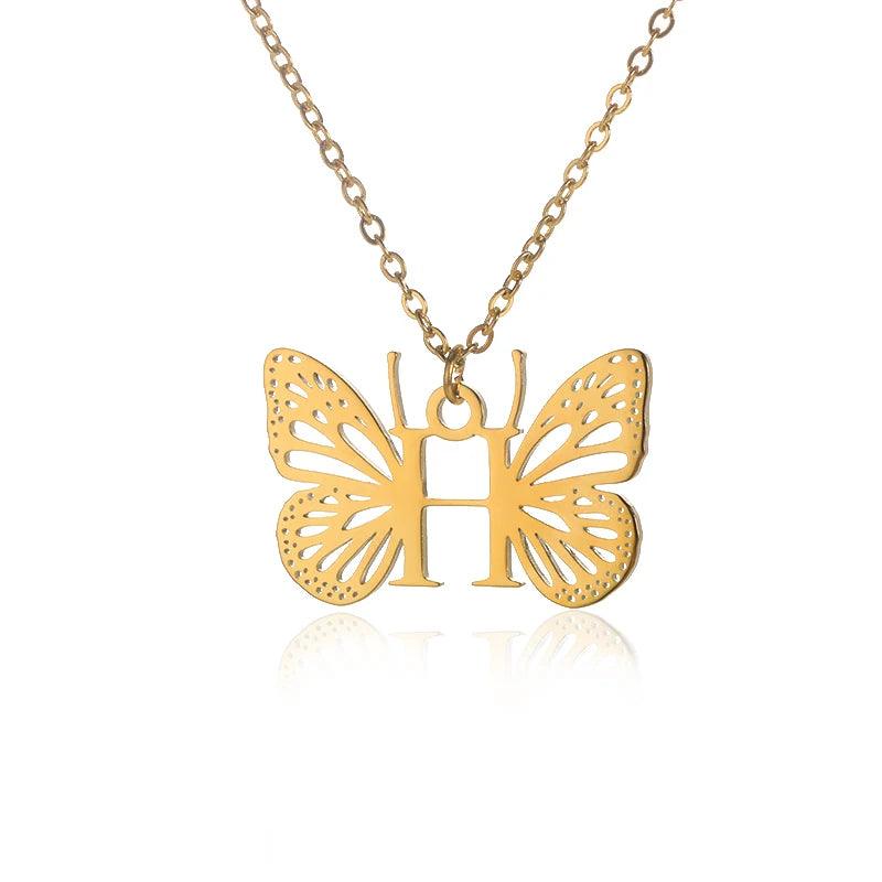 A-Z Initial Letter Collar Butterfly Necklace For Women Butterfly Jewelry Stainless Steel Alphabet Choker Necklace Female Gift
