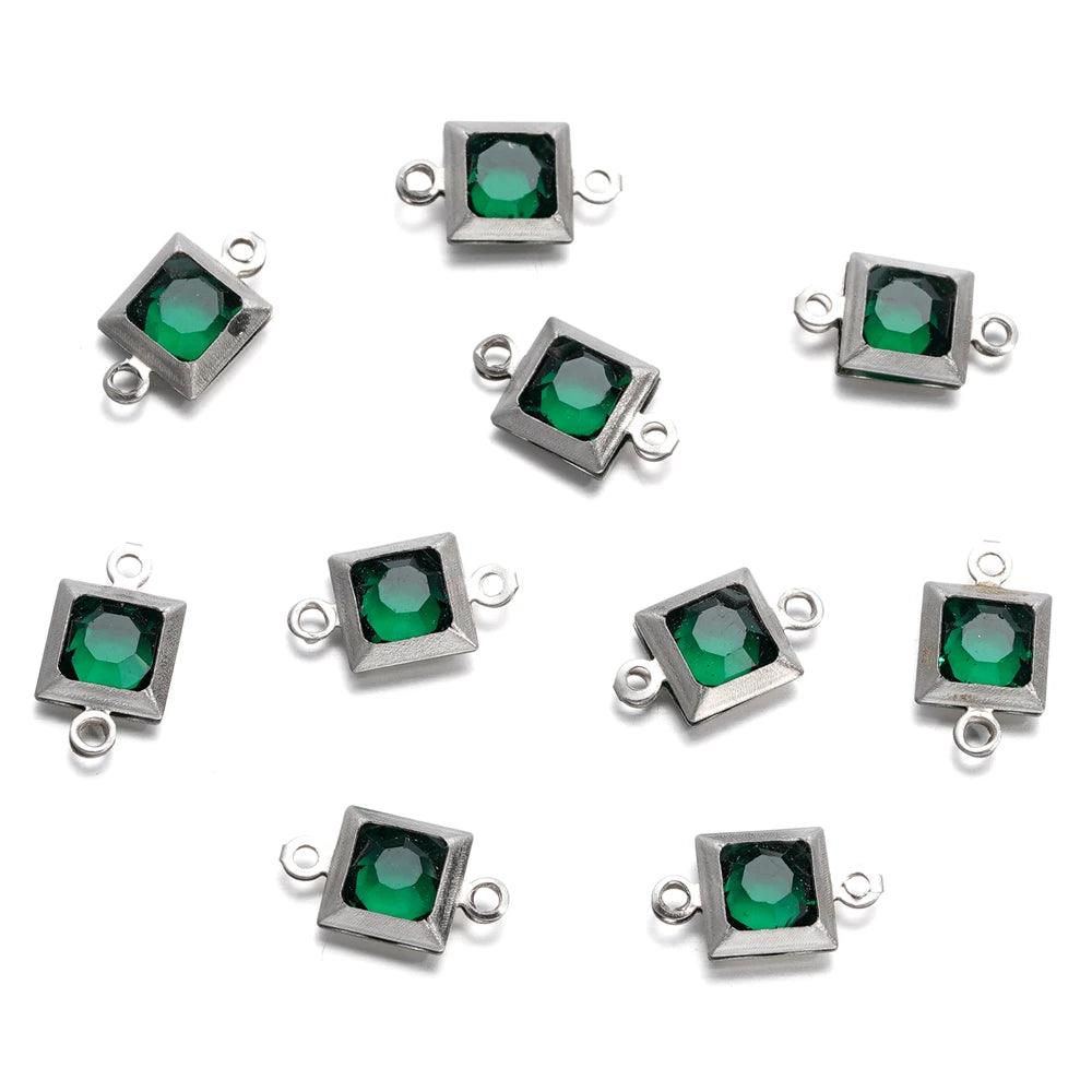 10pcs Stainless Steel Double Holes Square with Rhinestones Bracelet Necklace Pendant Connectors for DIY Jewelry Making Supplies