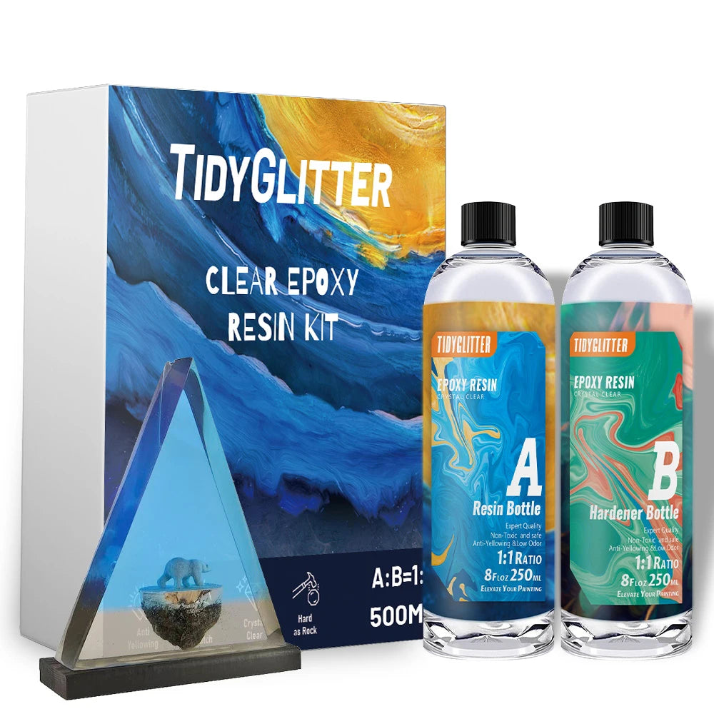 1:1Epoxy Resin Crystal Clear Kit for Arts Jewelry Crafts Coatings - 16 oz Includes 8 oz resin and 8 oz hardener Comes with Tools