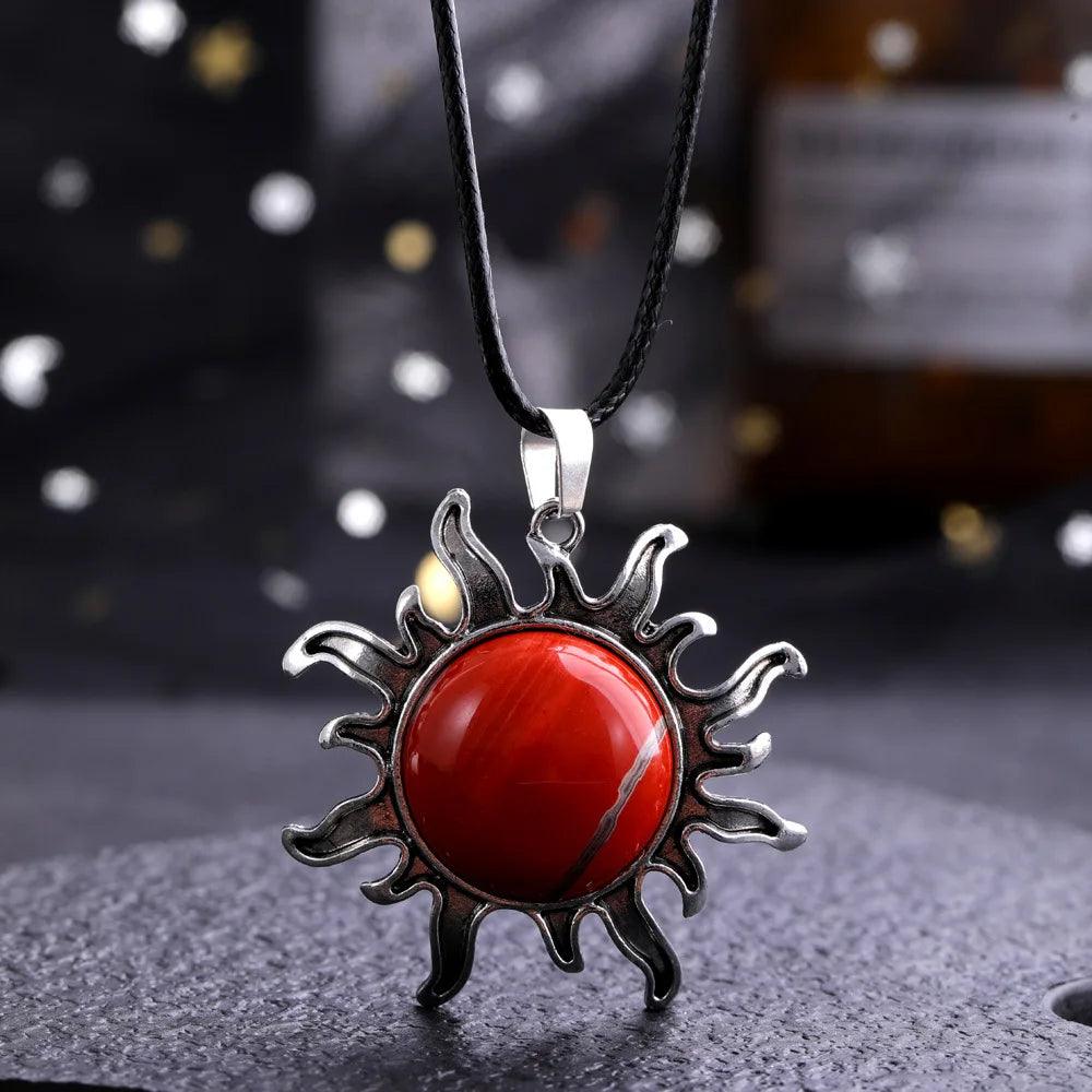 Fashion Natural Gem Stone Quartz Crystal Tiger-eye Plated Silver Alloy Sun Pendant Jewelry Making Accessories Sun Necklace Gift