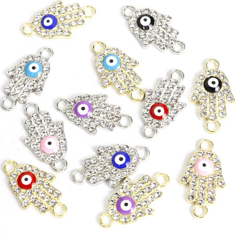 10pcs Rhinestones lnlaid Hamsa Hand Evil Eye Design Enamel Connectors Turkish Style Double Hanging Pendant For DIY Lucky Jewelry