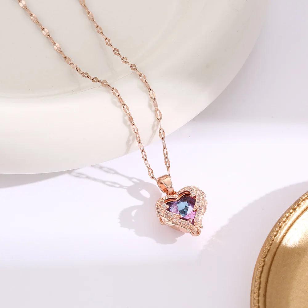 1 Pcs Romantic Couple Glass Encrusted Bronze Zircon Ocean Heart Pendant Combination Of Titanium Steel Chain