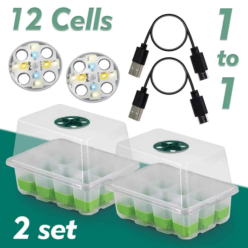 12 Cells LED Grow Light Seedling Starter Tray Kits with Transparent Cover Indoor Garden Flower Pot Plant Nursery Germination Box