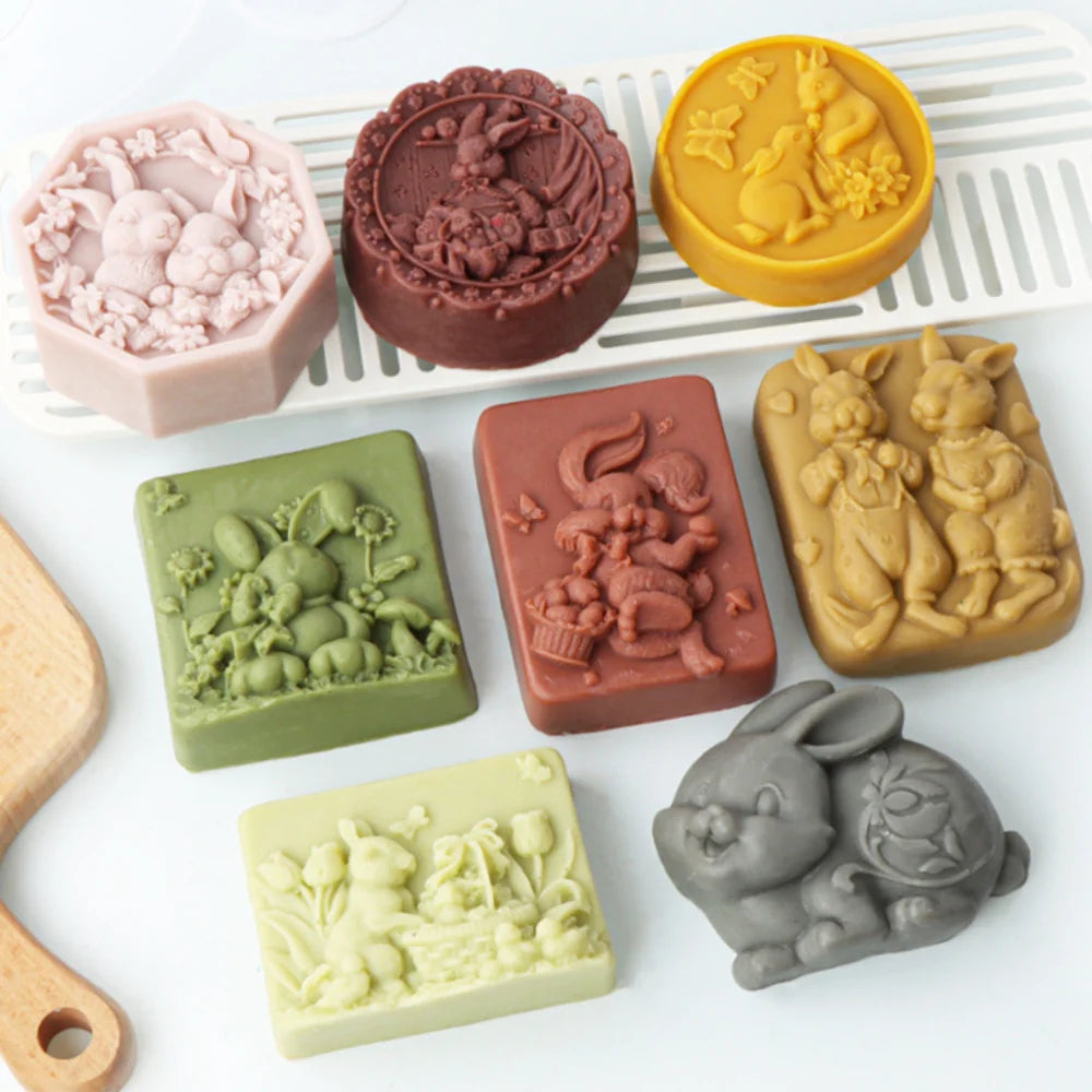 Cute Lover Bunny Silicone Soap Mold Flower Rabbit Candle Resin Gypsum Mould Butterfly Animal Relief Chocolate Cake Decor Gift