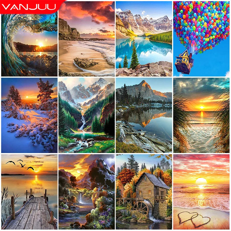 5D DIY Diamond Painting Waterfall Beach Full Circle Diamond Mosaic Sunset Scenery Diamond Embroidery Home Decor Gift