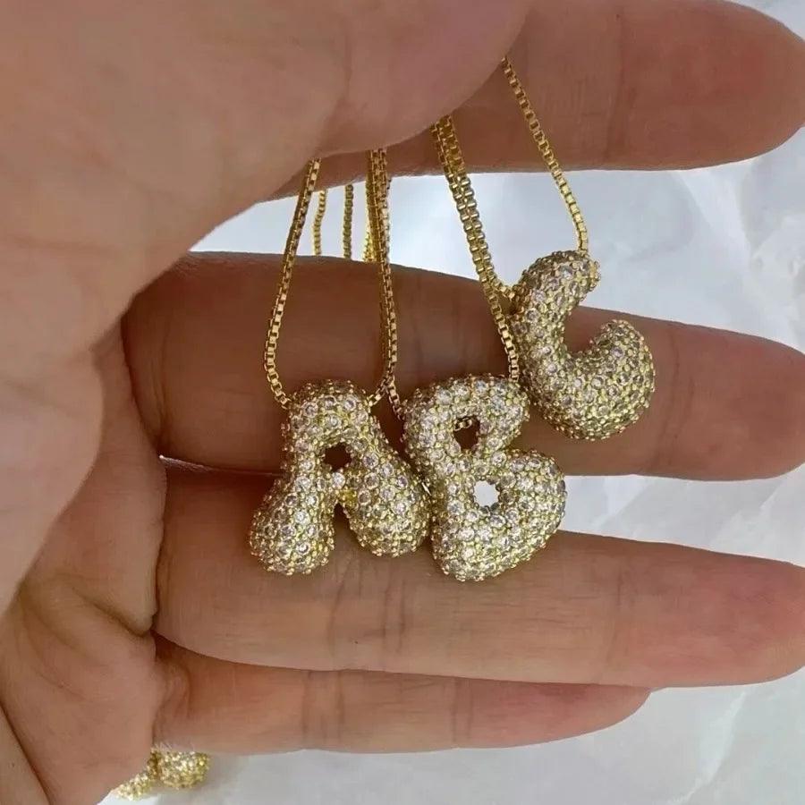 Gold Plated Balloon 26 Alphabet Letter Pendant Necklace Copper Zircon Bubble Initial Pendant For Women Personality Chain Jewelry