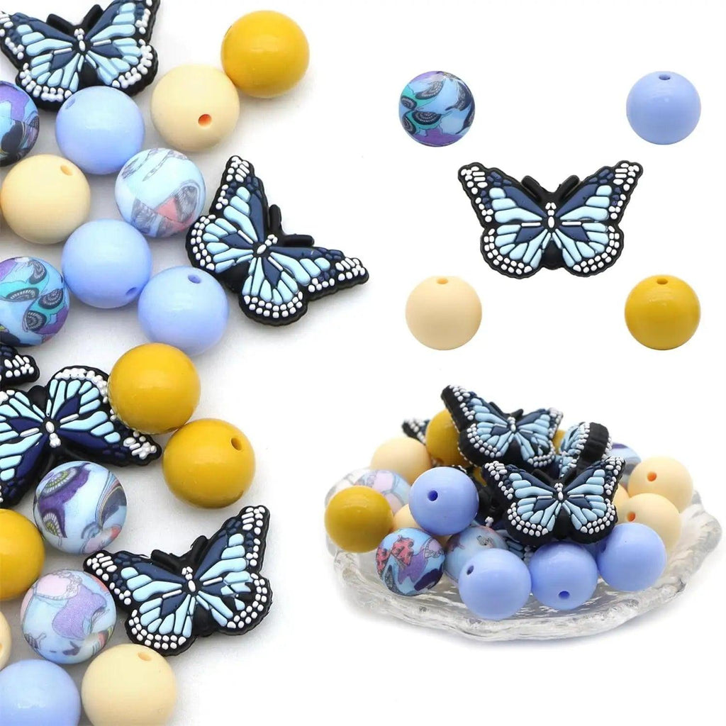 25pcs/set DIY silicone beads combination butterfly set beads blue butterfly silicone decorative beads 15mm silicone bead combination for DIY pen necklace bracelet key chain mobile phone chain pendant jewelry accessories