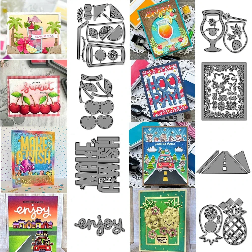 Drinking Cup Fruit Cherry Pineapple Metal Cutting Dies Shining Stars Border Enjoy Words Cut Die For DIY Scrapbooking Card Making