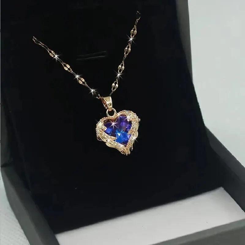 1 Pcs Romantic Couple Glass Encrusted Bronze Zircon Ocean Heart Pendant Combination Of Titanium Steel Chain